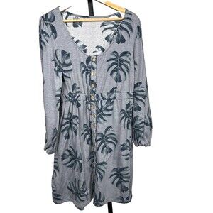 Tropical Blue Dress Long Sleeve Button Up Pockets Elastic Waist Full Skirt Large